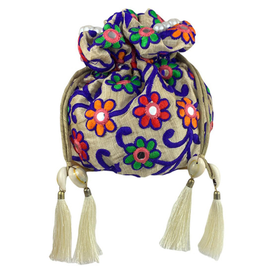 Multicolored Floral Potli Bag With Pearl Chain & Latkan For Women For Weddings / Parties 