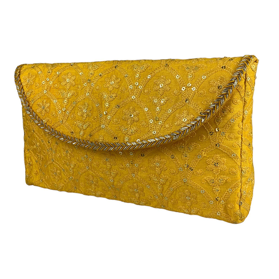 Simple Elegant Yellow Fabric Traditional Pouch Clutch Bag For Women For Weddings Parties