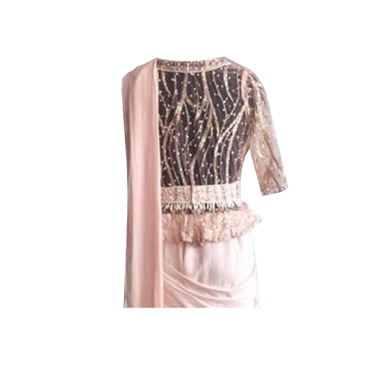 Pastel Pink Pure Crepe Saree With Hand Embroidered Net Blouse and Waist Belt 